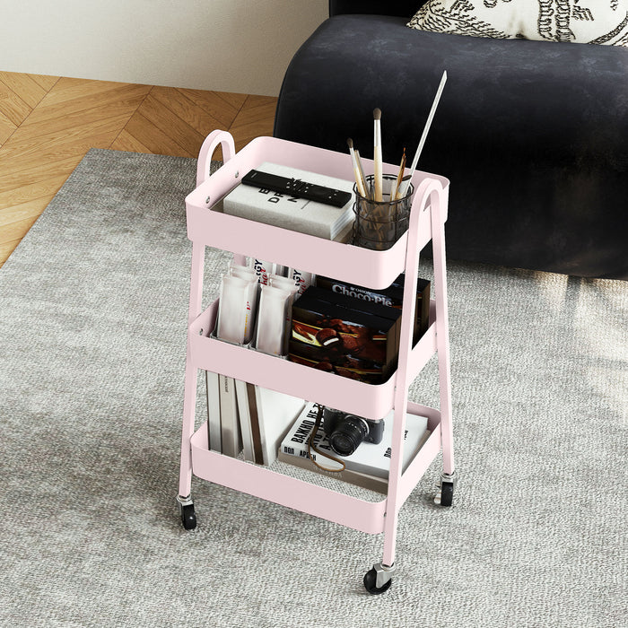HOMCOM Three-Tier Storage Trolley - Pink