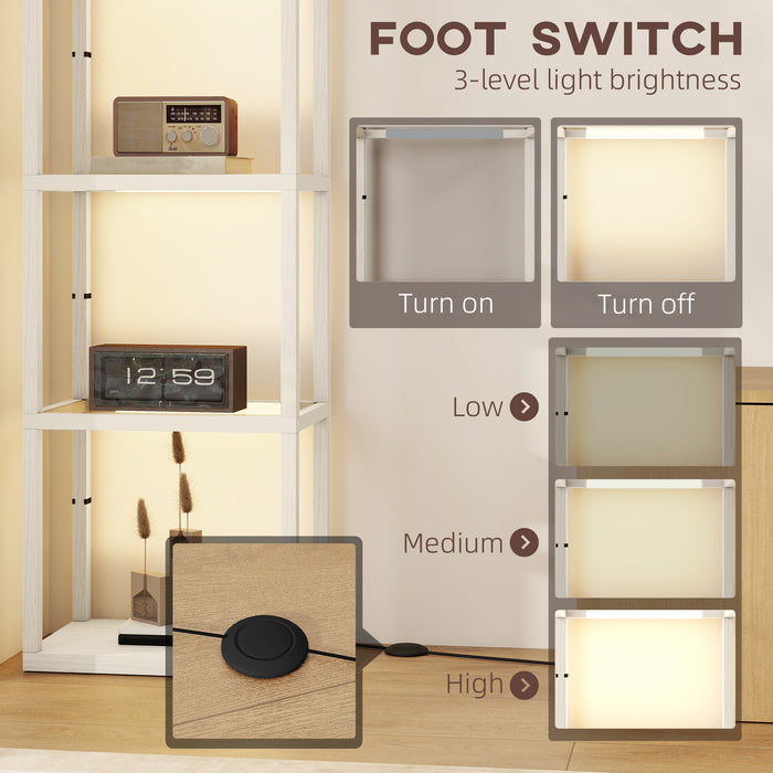 HOMCOM LED Floor Lamp with Glass Shelves, 4 Layers Dimmable Tall Standing Lamp, Modern Column Shelf Floor Light for Living Room, Bedroom, Office, Oak