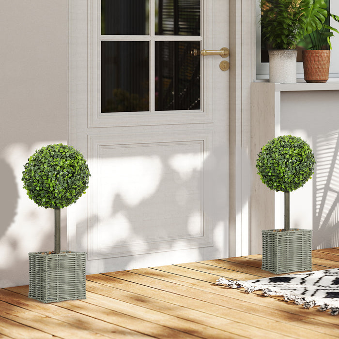 HOMCOM Set of 2 Decorative Artificial Plants, 50cm Faux Boxwood Topiary Balls with Woven Plastic Pot and Pebbles, Fake Plants for Home or Office Decor, Green
