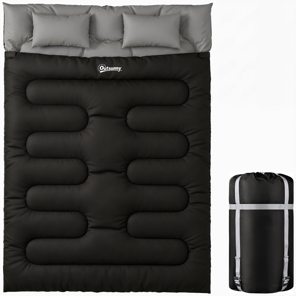 Outsunny Double Sleeping Bag with 2 Pillows, 220 x 160 cm Extra-Large Sleeping Bag for Adults, Black
