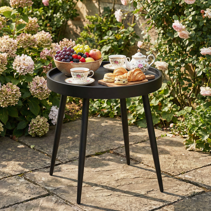 Outsunny 49.5 cm Round Garden Table, Small Outdoor Coffee Side Table with Plastic Tray-Style Top, Metal Legs, Black