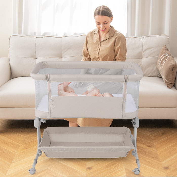 Baby Bassinet Bedside Sleeper with 6-Level Adjustable Height and Storage Shelf-