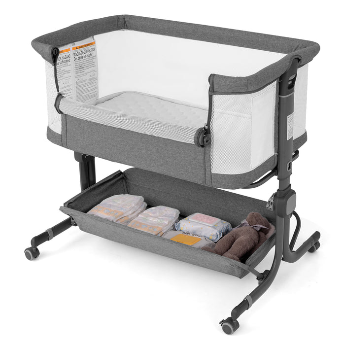 Baby Bassinet Bedside Sleeper with 6-Level Adjustable Height and Storage Shelf-