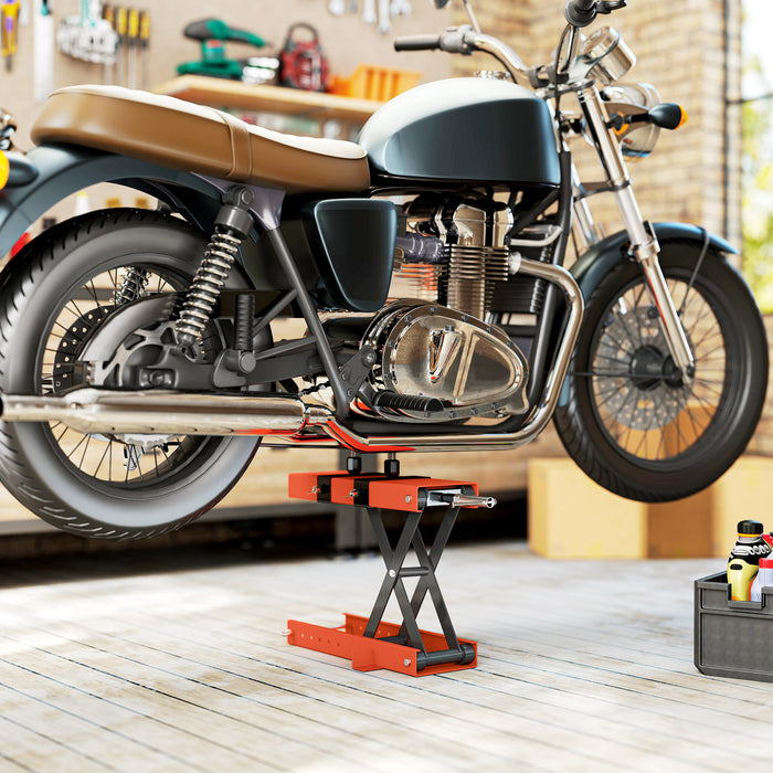HOMCOM 500 kg Motorcycle Scissor Lift Jack, Heavy Duty Steel Adjustable Motorbike Lifting Hoist Stand with Safety Pin, Foldable Lifter for Dirt Bike Repair Maintenance, 45x15 cm Large Platform, Orange