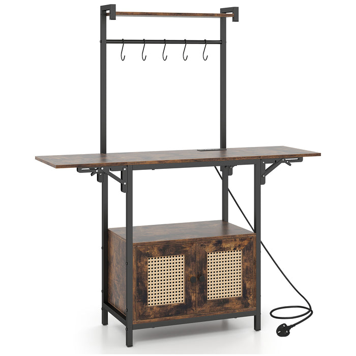 Bakers Rack with Power Outlets and Microwave Stand Drop Leaf-