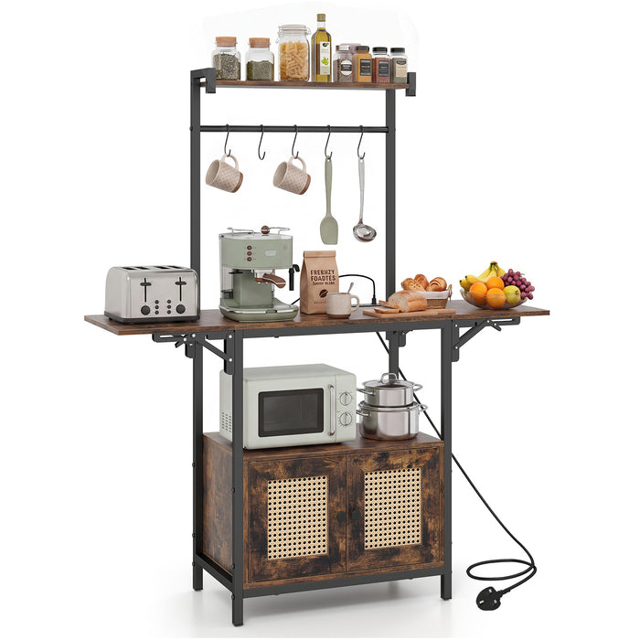 Bakers Rack with Power Outlets and Microwave Stand Drop Leaf-