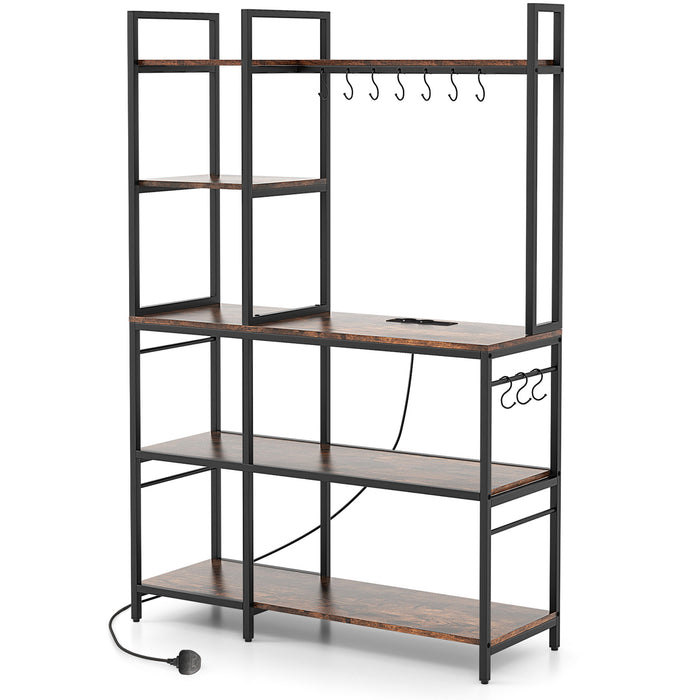 Bakers Rack with Power Outlets and 10 S-Shaped Hooks-Coffee
