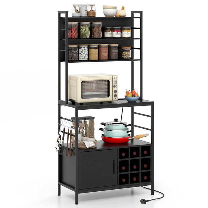 Bakers Rack with Power Outlet and Heavy-Duty Metal Frame-Black