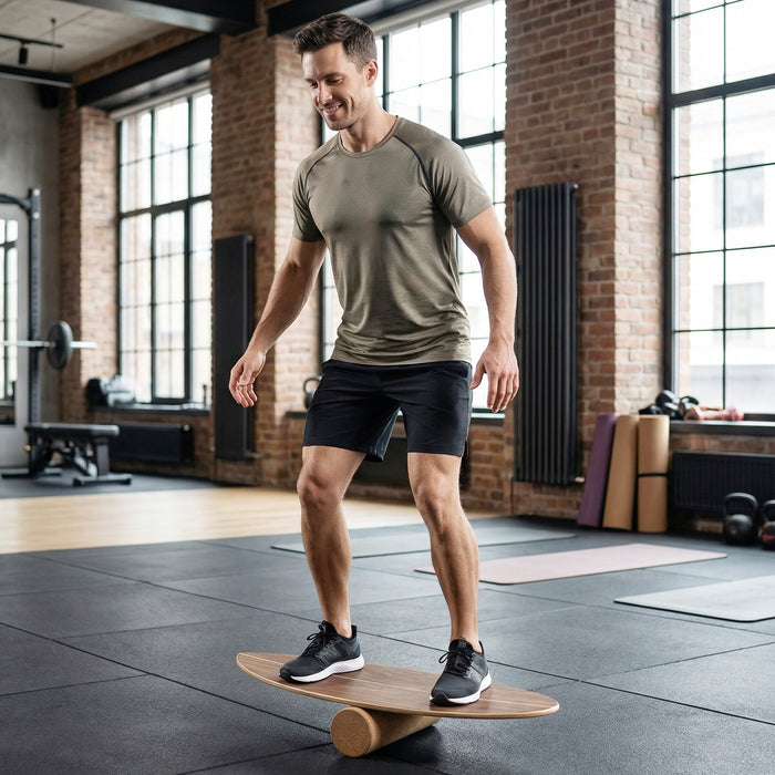 Balance Board Trainer for Adults Wooden Balancing Board with Cork Roller and Storage Rack to Exercise-