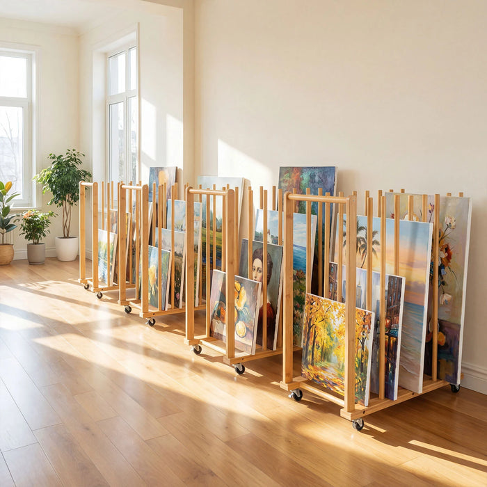 Bamboo Art Storage Rack with 4 Wheels and Side Handle for Canvases and Frames-Natural