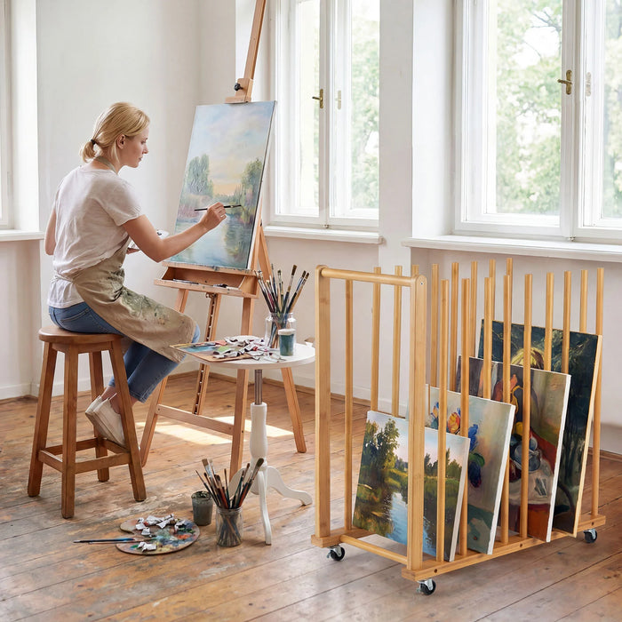 Bamboo Art Storage Rack with 4 Wheels and Side Handle for Canvases and Frames-Natural