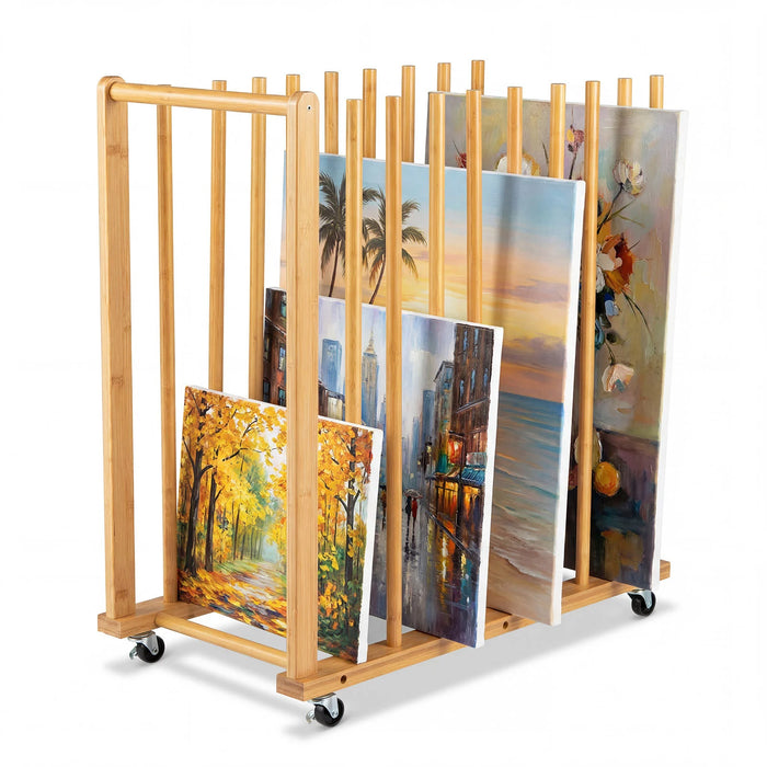 Bamboo Art Storage Rack with 4 Wheels and Side Handle for Canvases and Frames-Natural