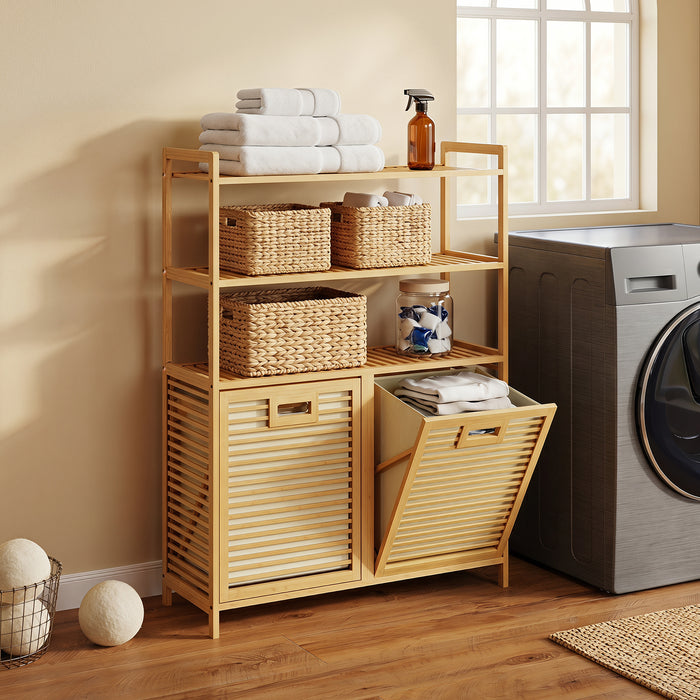 Bamboo Double Tilt Out Laundry Hamper with 3 ShelvesFreestanding Storage Cabinet-