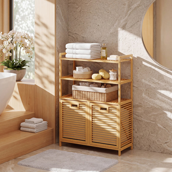 Bamboo Double Tilt Out Laundry Hamper with 3 ShelvesFreestanding Storage Cabinet-