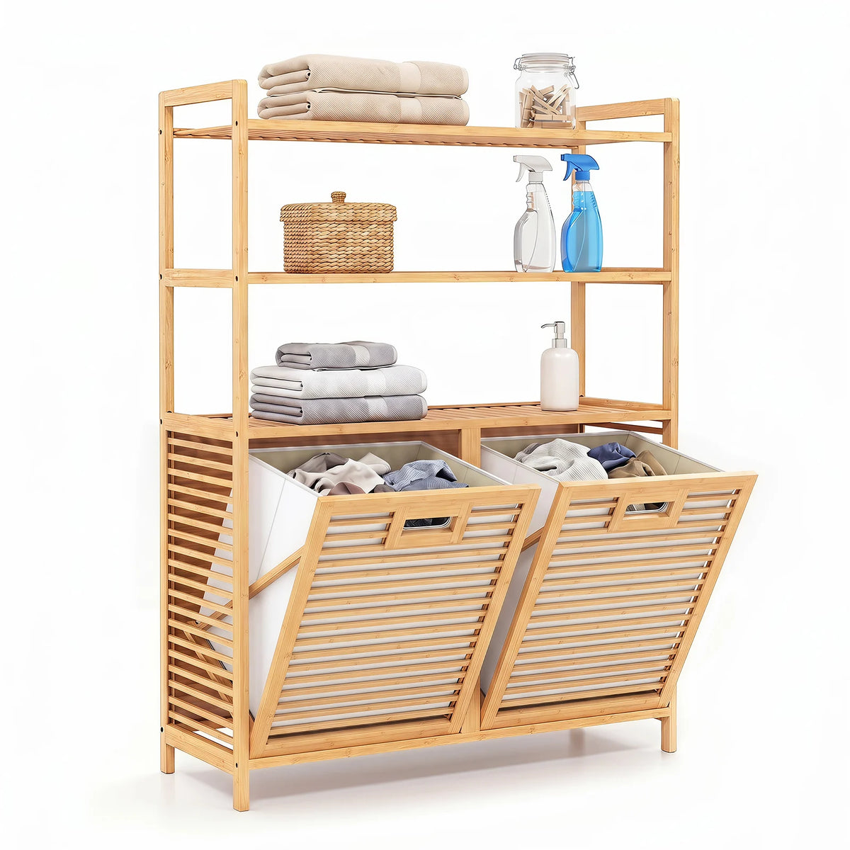Bamboo Double Tilt Out Laundry Hamper with 3 ShelvesFreestanding Storage Cabinet-
