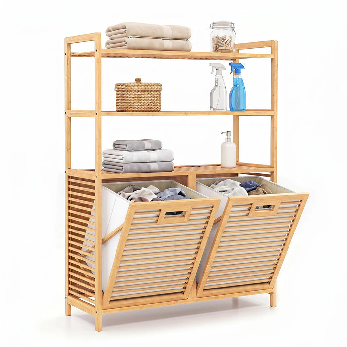 Bamboo Double Tilt Out Laundry Hamper with 3 ShelvesFreestanding Storage Cabinet-