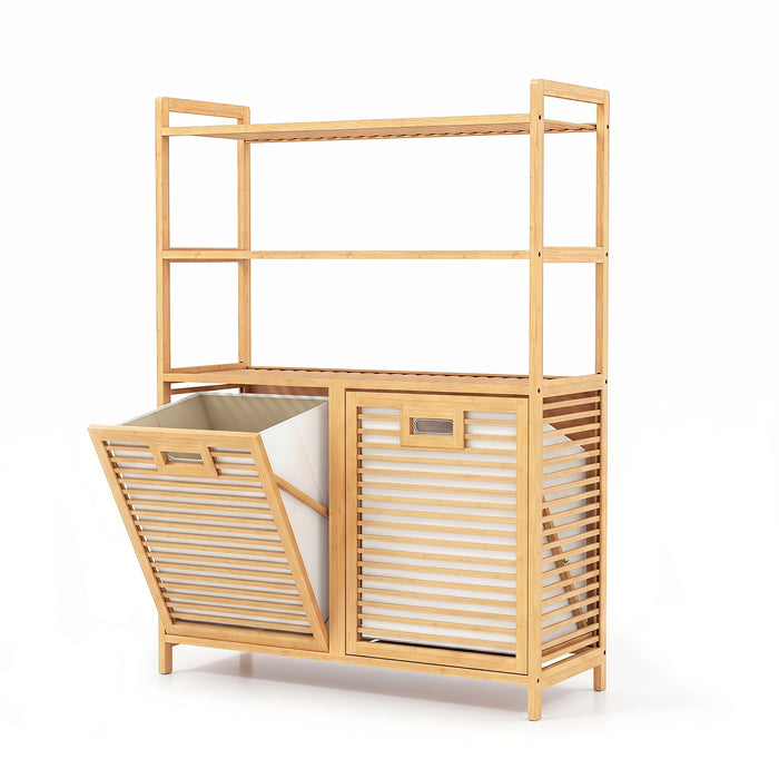Bamboo Double Tilt Out Laundry Hamper with 3 ShelvesFreestanding Storage Cabinet-