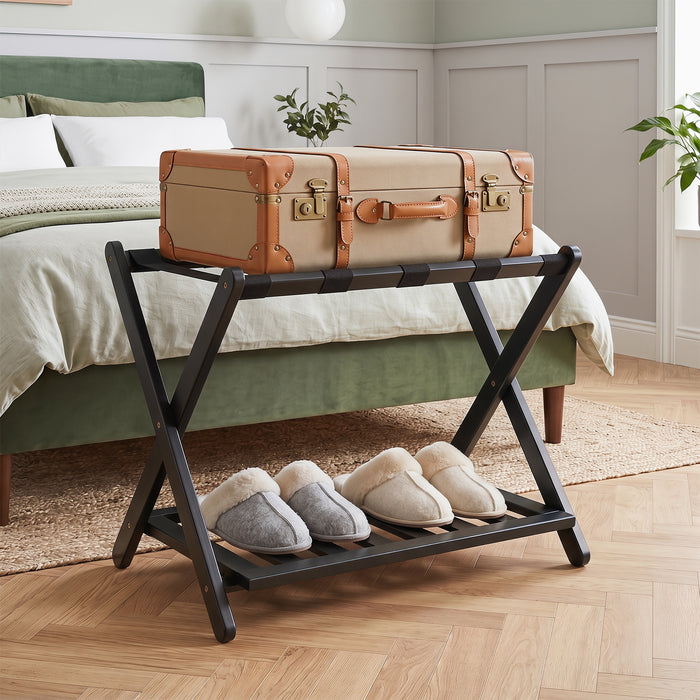 Bamboo Folding Luggage Rack with Straps and Storage Shelves for Guest Room-