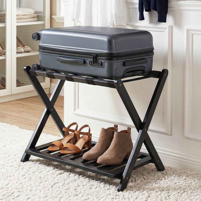 Bamboo Folding Luggage Rack with Straps and Storage Shelves for Guest Room-