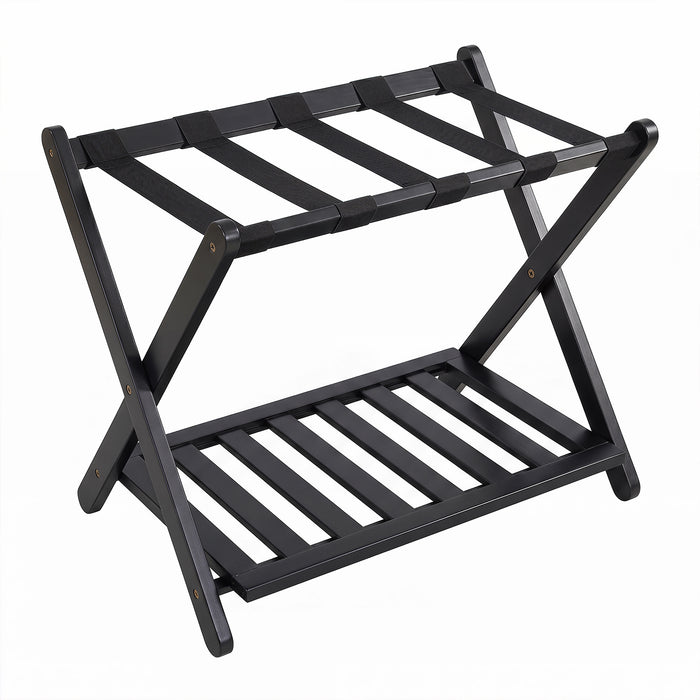 Bamboo Folding Luggage Rack with Straps and Storage Shelves for Guest Room-