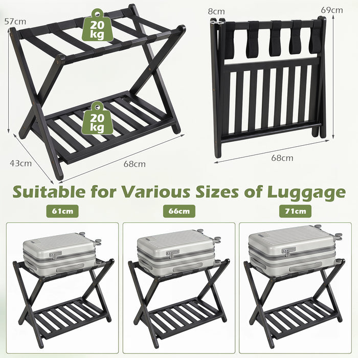 Bamboo Folding Luggage Rack with Straps and Storage Shelves for Guest Room-