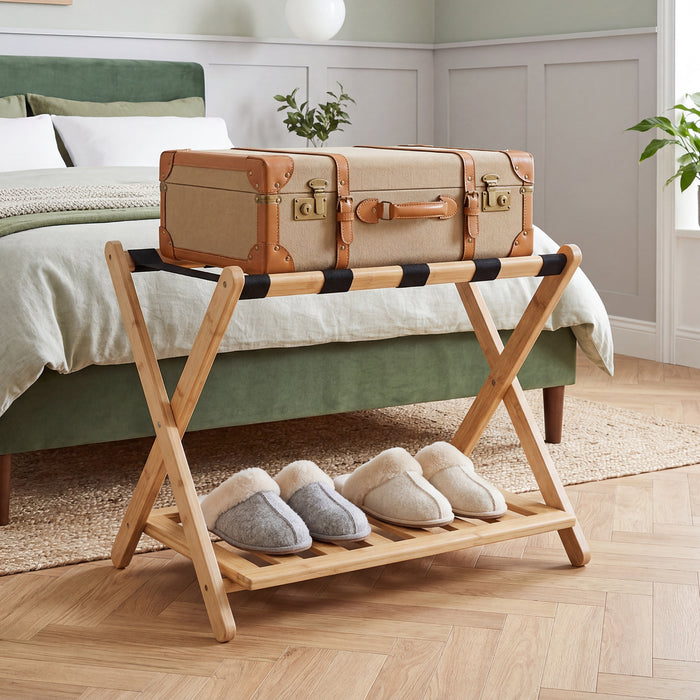 Bamboo Folding Luggage Rack with Straps and Storage Shelves for Guest Room-