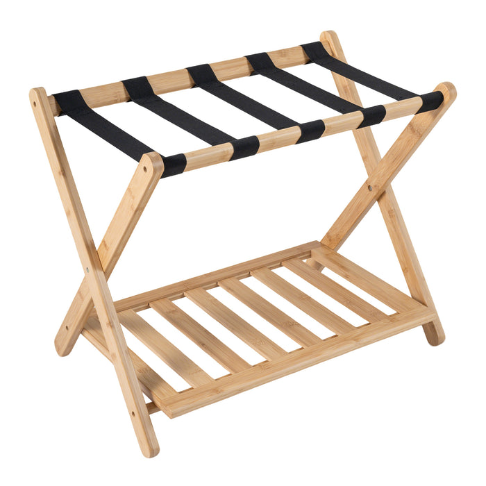 Bamboo Folding Luggage Rack with Straps and Storage Shelves for Guest Room-
