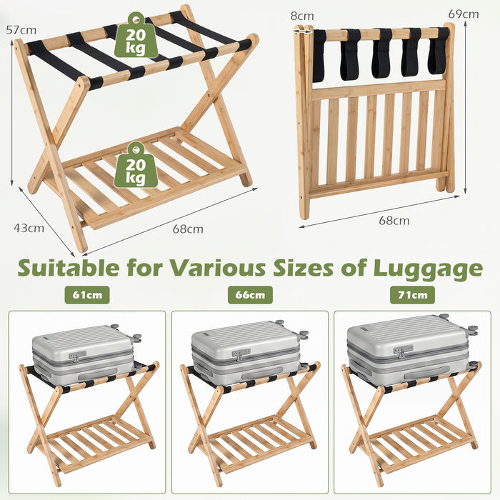 Bamboo Folding Luggage Rack with Straps and Storage Shelves for Guest Room-
