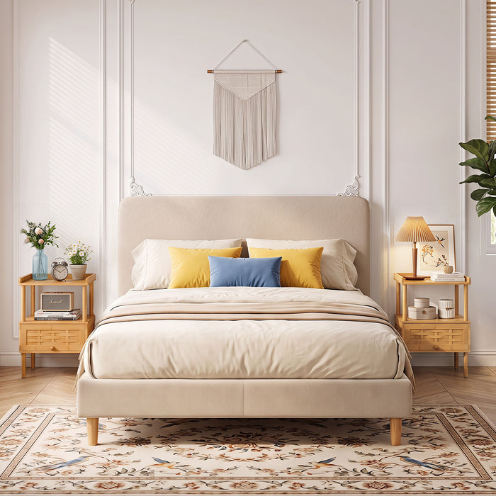 Bamboo Rattan Nightstand with Raised Edge Flip-Up Door and Open Shelf-
