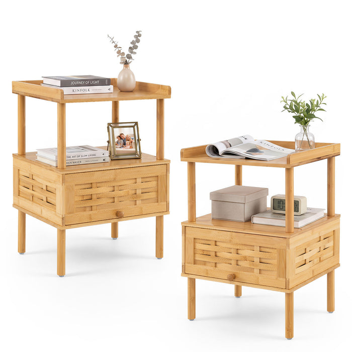 Bamboo Rattan Nightstand with Raised Edge Flip-Up Door and Open Shelf-