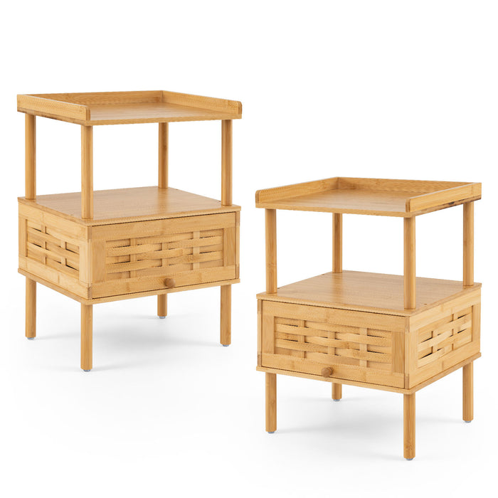Bamboo Rattan Nightstand with Raised Edge Flip-Up Door and Open Shelf-