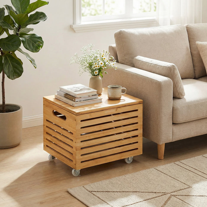 Bamboo Rolling Storage Box with 4 Wheels and Lid for Home-