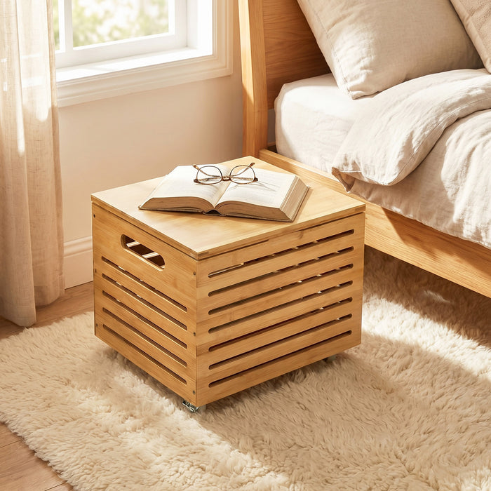 Bamboo Rolling Storage Box with 4 Wheels and Lid for Home-
