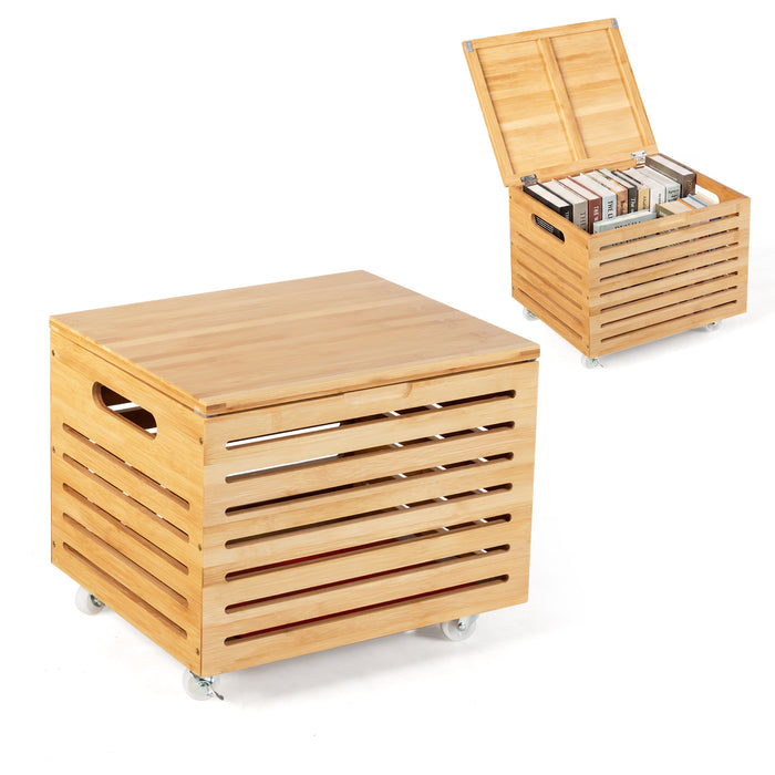 Bamboo Rolling Storage Box with 4 Wheels and Lid for Home-