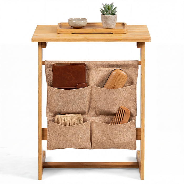 Bamboo Side Table C-Shaped Sofa End Table Laptop Desk-