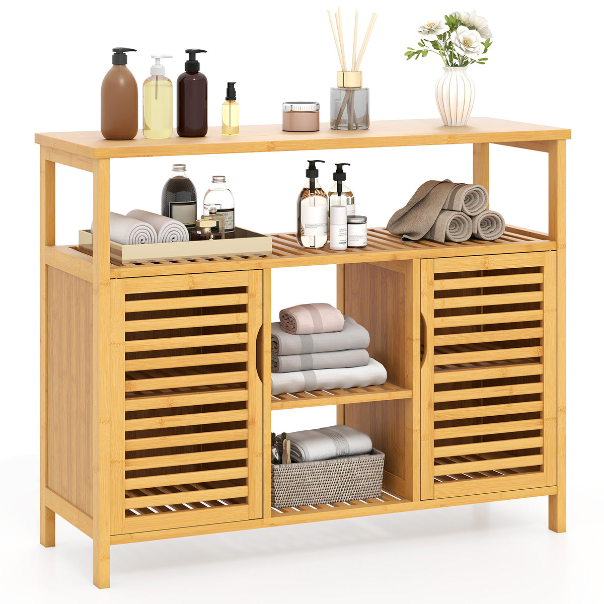 Bamboo Bathroom Cabinet 2-Door Storage Organizer with Shelves-