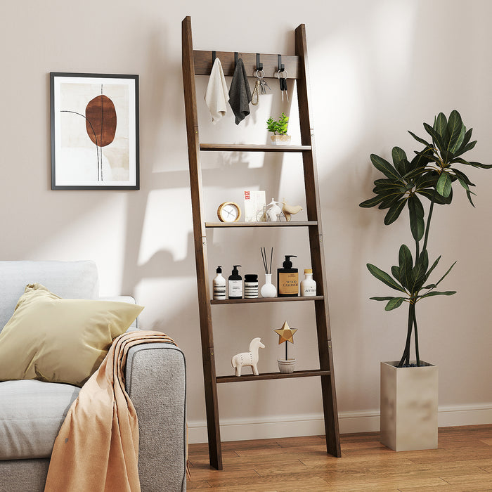 Bamboo Blanket Ladder 5-Tier Ladder Shelf with 4 Removable Hooks-Brown
