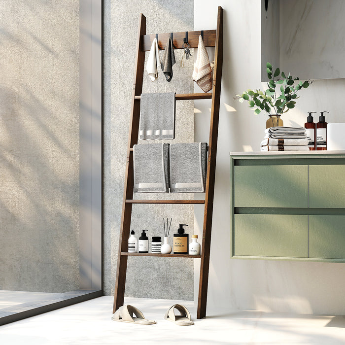 Bamboo Blanket Ladder 5-Tier Ladder Shelf with 4 Removable Hooks-Brown