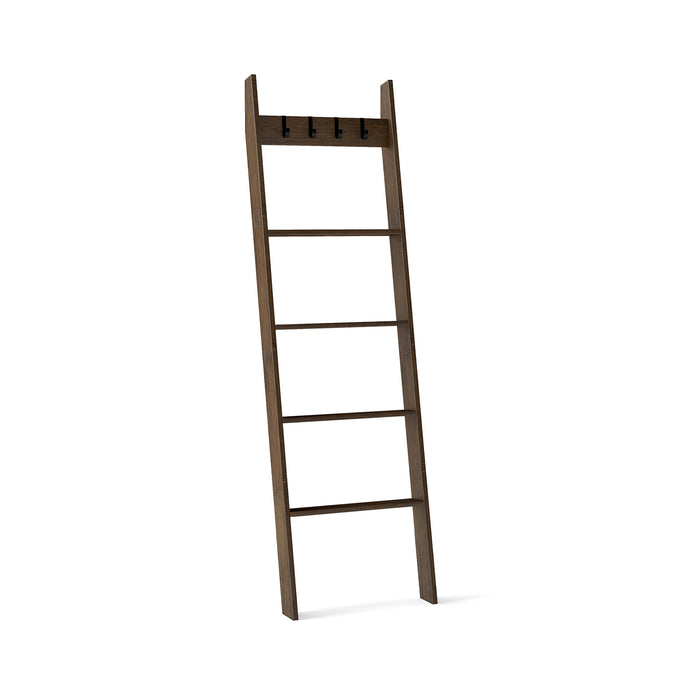 Bamboo Blanket Ladder 5-Tier Ladder Shelf with 4 Removable Hooks-Brown