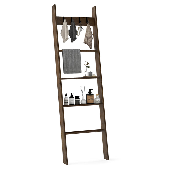 Bamboo Blanket Ladder 5-Tier Ladder Shelf with 4 Removable Hooks-Brown