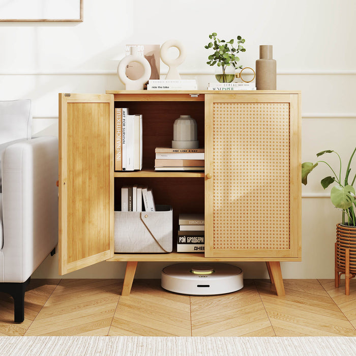 Bamboo Buffet Cabinet Sideboard with PE Rattan Doors-Natural