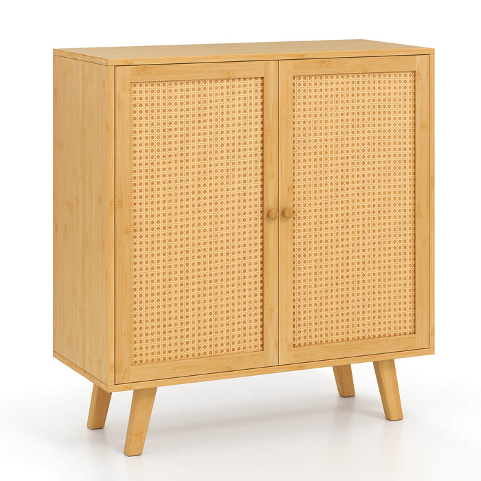 Bamboo Buffet Cabinet Sideboard with PE Rattan Doors-Natural