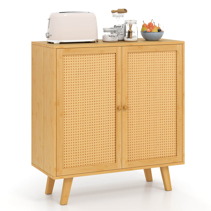 Bamboo Buffet Cabinet Sideboard with PE Rattan Doors-Natural