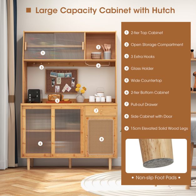 Bamboo Hutch - Buffet Cabinet with Durable Free-Standing Storage - Ideal for Organised Dining Room Solutions
