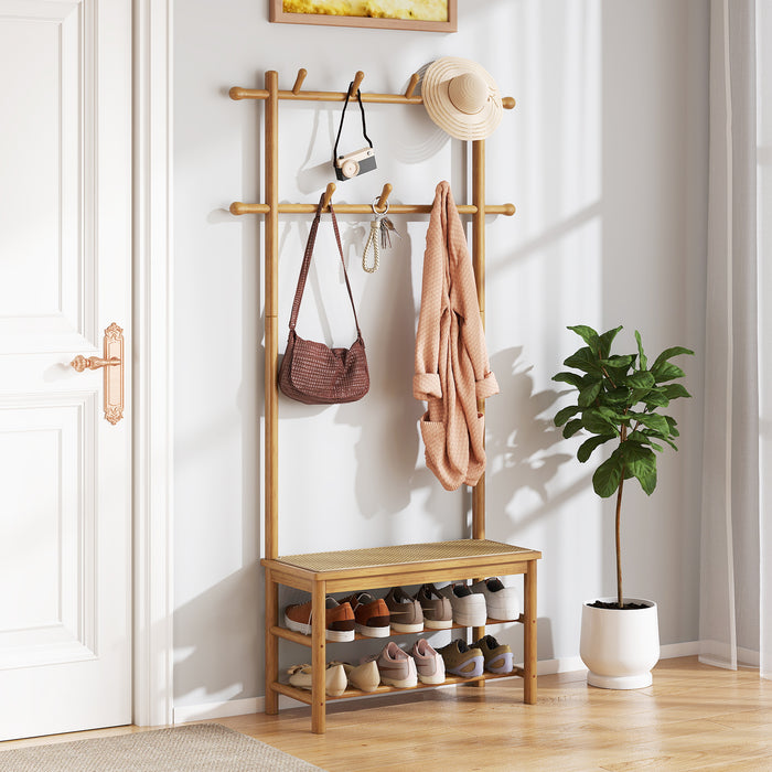 Bamboo Coat Rack PE Rattan Hall Tree with Bench and Shoe Storage-