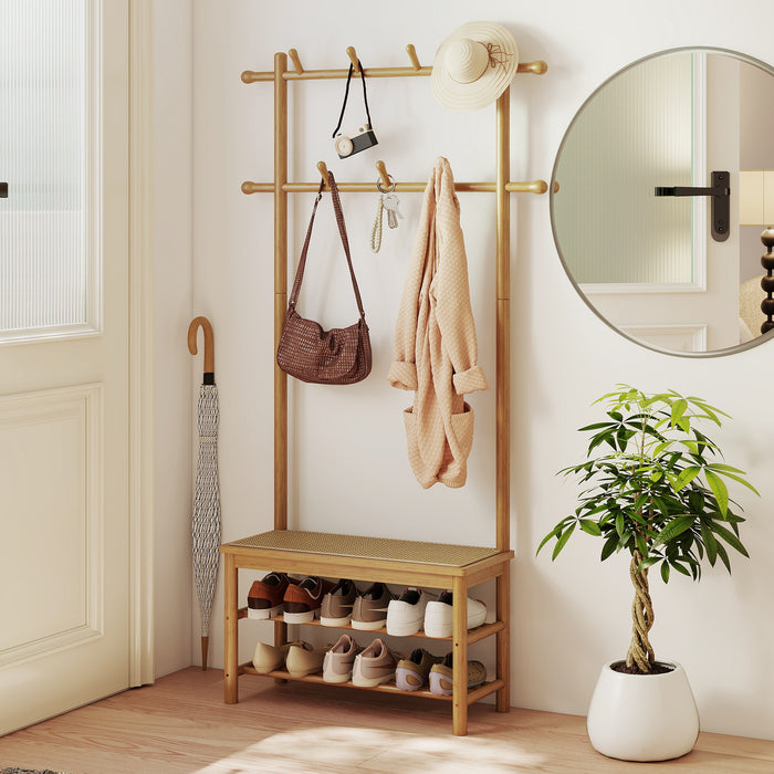 Bamboo Coat Rack PE Rattan Hall Tree with Bench and Shoe Storage-