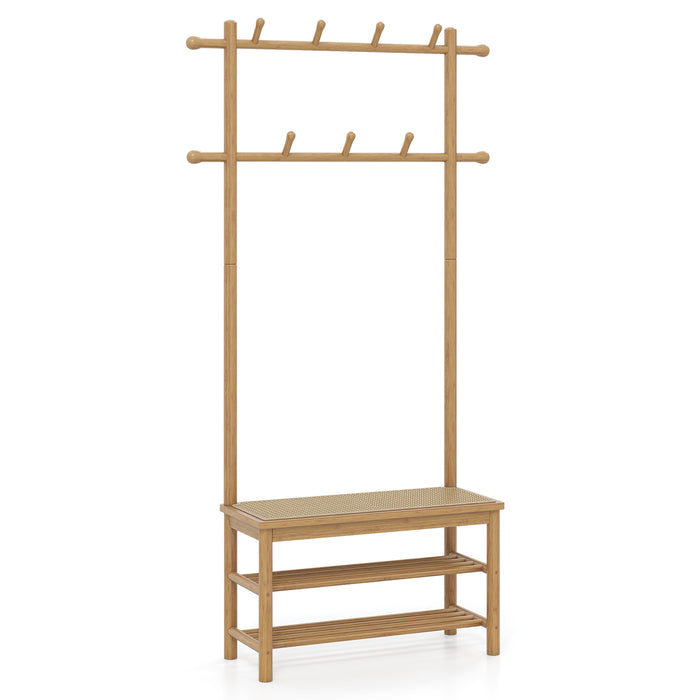 Bamboo Coat Rack PE Rattan Hall Tree with Bench and Shoe Storage-