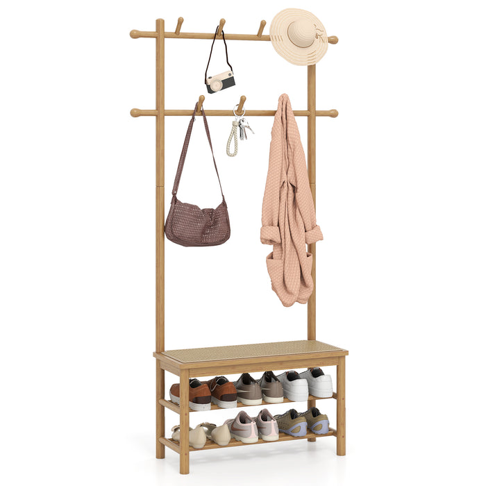 Bamboo Coat Rack PE Rattan Hall Tree with Bench and Shoe Storage-