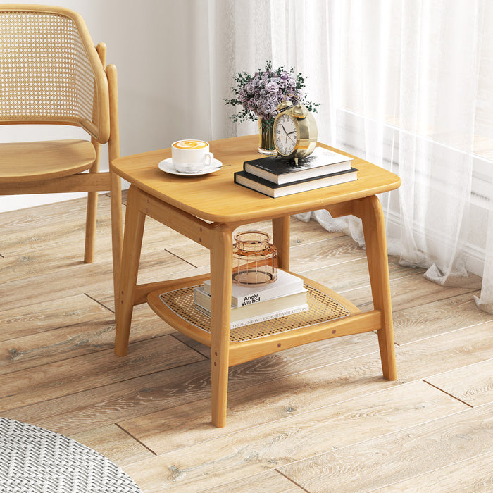 Bamboo Sofa Side Table with Faux Rattan Storage Shelf-