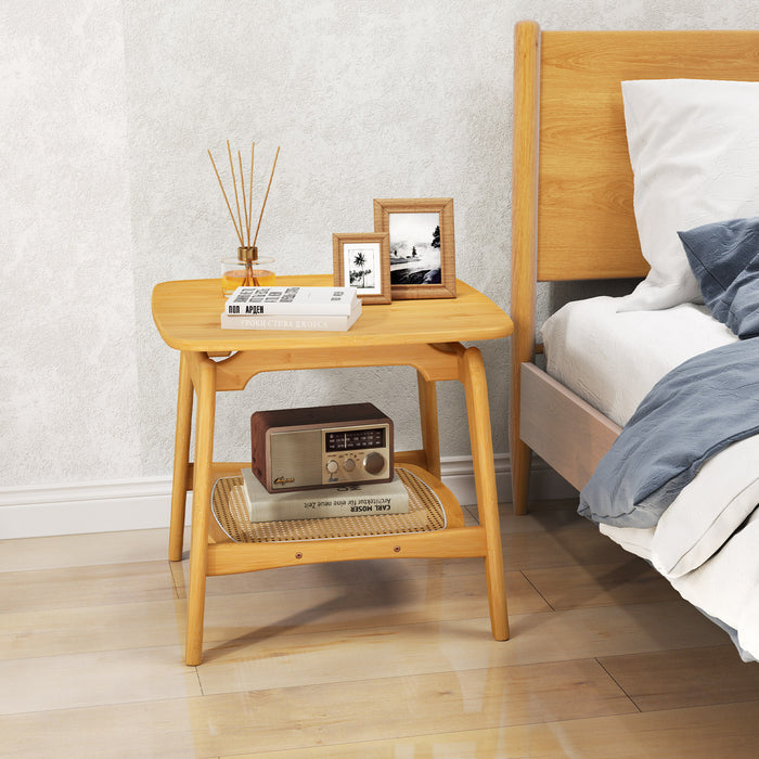 Bamboo Sofa Side Table with Faux Rattan Storage Shelf-